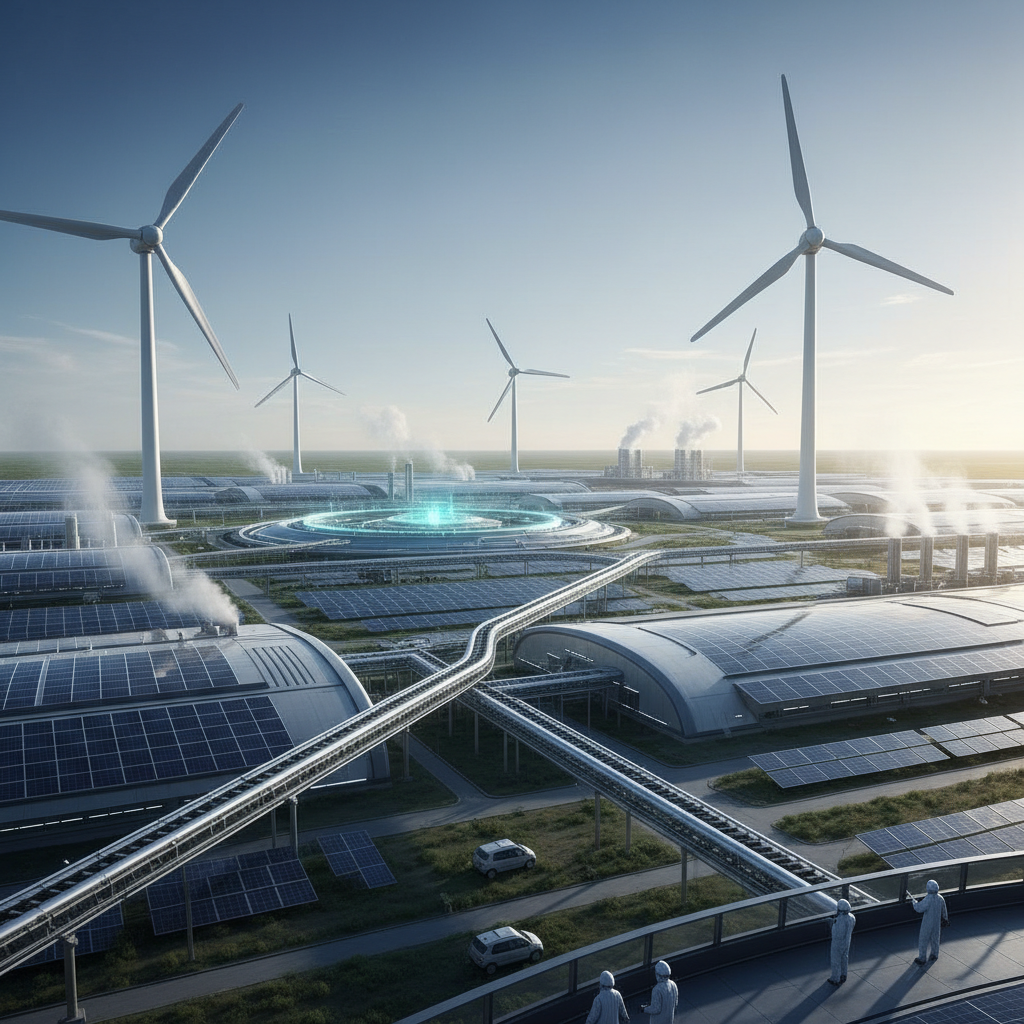 Futuristinis pramoninis kompleksas su vėjo jėgainėmis, saulės baterijomis ir centrine energijos platforma.